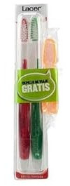 LACER - Pack de 2 Cepillos de Dientes, Cerdas Medias, Filamentos Tynex con Puntas Redondeadas, Mango Ergonómico Antideslizante