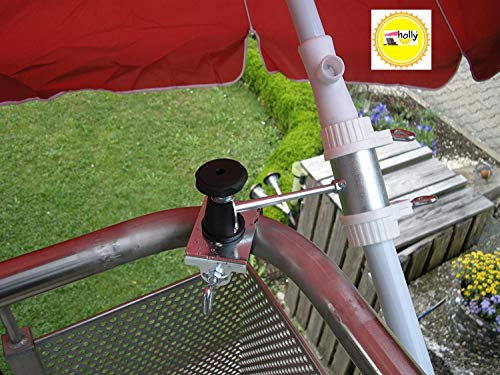 1 Stück - Balkonschirmhalterung mit 11 + 6 cm Abstands Schirmhalter - Holly patentiert - für BEFESTIGUNG an runden oder eckigen Elementen von 25 bis 42 mm mit 5 - fach verstellbare MULTI - Halterung 360 ° DREHBAR MIT GUMMISCHUTZKAPPEN zur kratzfreien BEFESTIGUNG - INNOVATIONEN MADE in GERMANY - Holly® Produkte STABIELO - holly-sunshade ® - Bei SCHIRMEN über 2,50 cm Ø - 2 Halterungen oder 2-te Befestigung verwenden aus Sicherheitsgründen (Kabelbinder)