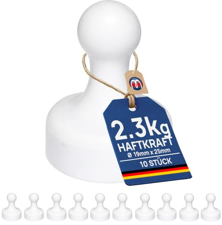 10 x Kegelmagnet Kegel Pinnwand Magnet Neodym Ø 19 x 25mm - WEIß - hält 2,3 kg - Starke Pinnwandmagnete mit Neodymkern (NdFeB) für Kühlschrank Magnet Glasboards Magnettafel Whiteboard