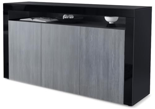 Vladon Sideboard Valencia, Made in Germany, Kommode mit 3 Türen und 1 offenem Fach, Schwarz matt/Avola-Anthrazit/Schwarz Hochglanz (155 x 92 x 40 cm)