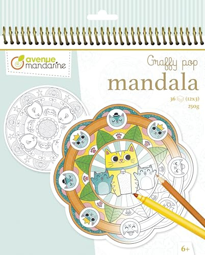Avenue Mandarine GY030O Malbuch Graffy Pop Mandala, Zeichenpapier 250g, vorgestanzte Formen, 12 Motive, ideal für Kinder ab 6 Jahren, Tiere, 22.5 x 20.0 cm