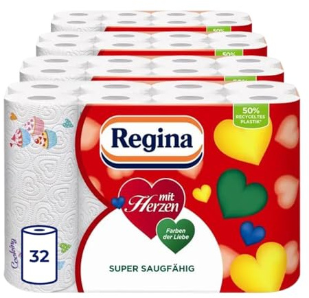 Regina med hjärtan hushållsdukar 3 lager | 32 rullpaket (8 x 4 enkelförpackningar) | 43 ark per rulle | superabsorberande, tjock, resistent | FSC®-certifierat papper