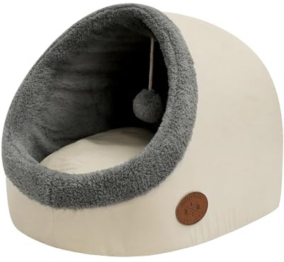 Banbury & Co Cat Bed for Indoor Cats, Small Snug Cosy Pet Igloo, Removable Cushion Pillow, Small Dog House Bed, Anti-Anxiety Cat Hideaway for Puppy & Kittens with Hanging Toy | White, 47x37x33cm