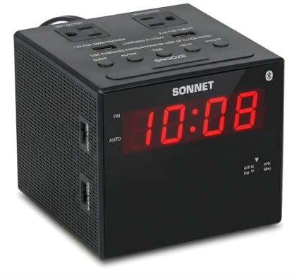 Sonnet Digital Alarm Clock Radio with Charging Station, Bluetooth AM/FM Radio for Bedroom, 2 AC Outlets & 2 USB Charging Ports, LED Display, Snooze, AUX Input, Battery Backup – by Ken-Tech