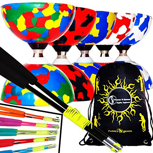 Jester Pro Diabolo Roulement A Bille + Diabolo Baguettes en Fiber et Diablo Ficelle + Diabolos Sac de Transport. Idéal pour Les Enfants et Les Adultes! (Multicolore Diabolo + Bleu Baguettes)