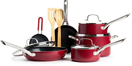 Red Volcano Textured Healthy Ceramic Nonstick 12 Piece Cookware Pots and Pans Set