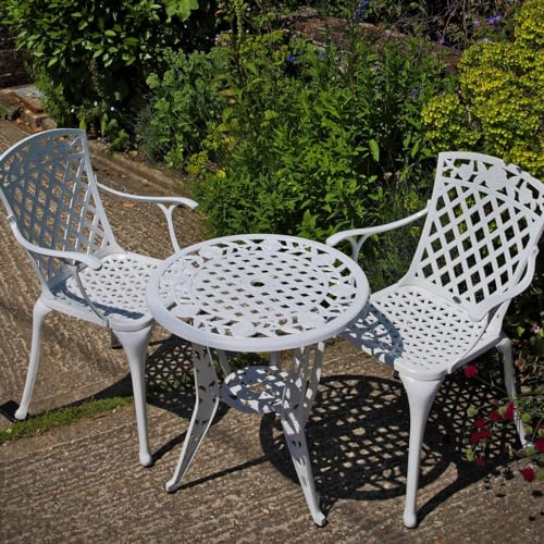 Lazy Susan - Rose Bistrotisch mit 2 Stühlen | Rundes Gartenmöbel Set aus Metall | Weiß | Rose Stühle | 3 Jahre Garantie