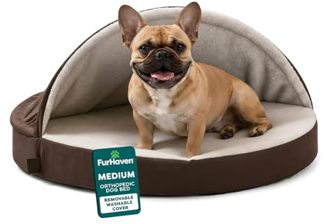 FurHaven, Letto Ortopedico Rotondo per Cani di Taglia Media/Piccola con Copertura Lavabile Rimovibile, per Cani Fino a 13,6 kg, in Sherpa e Pelle Scamosciata, Colore Espresso, 66 cm