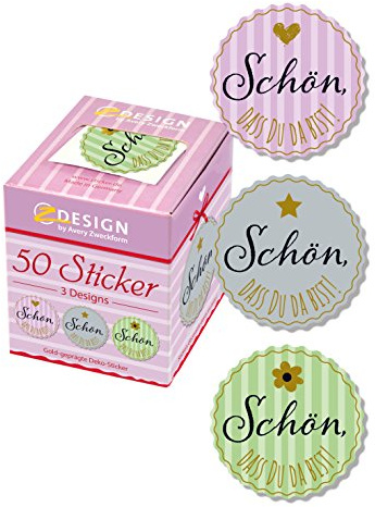 AVERY Zweckform Presentklistermärken 50 stycken art. 56855 etiketter, pappersklistermärken med guldprägling, 38 mm i dispenser, gratulationer, gåvor, inbjudningar) klistermärken på rulle