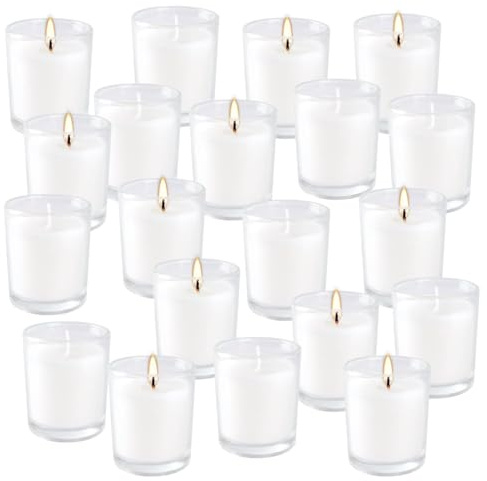 Wfmolcand 20 Pack Unscented White Clear Glass Filled Votive Candles | Soy Wax, Smokeless, Hand Poured Wax Candles Ideal for Aromatherapy, Spa, Weddings, Birthdays, Holidays & Party Decor