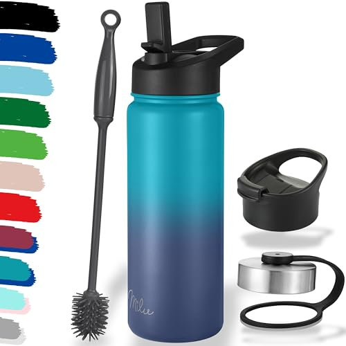 Milu Edelstahl Trinkflasche 500ml, 750ml, 1000ml (+3 Deckel) - Thermosflasche mit Strohhalm, Isolierte Wasserflasche, Auslaufsichere Isolierflasche doppelwandig, Kohlensäure geeignet (Grün Blau, 0,5L)