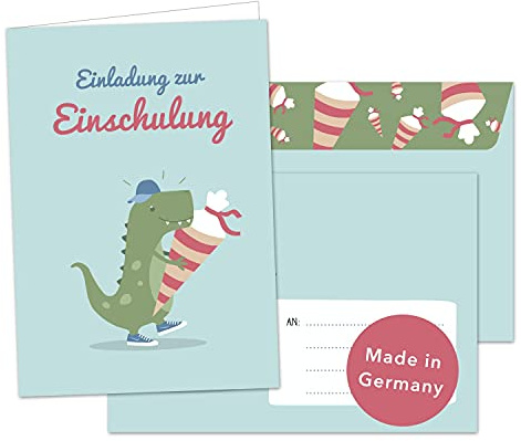 Decento® Einladung Einschulung Dino mit Schultüte - 8 Klappkarten mit Umschlag für Jungen - zum Schulanfang und Schulbeginn - Einladungskarten zum Ausfüllen und Beschriften