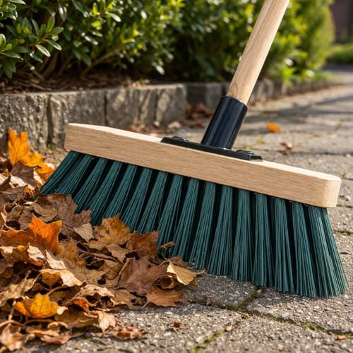 LS 12” Sweeping Brush Outdoor Broom Heavy Duty PVC Bristles Yard Brush with Wooden Handle Garden Brooms for Cleaning Patio Yards Warehouse and Garage (GREEN)