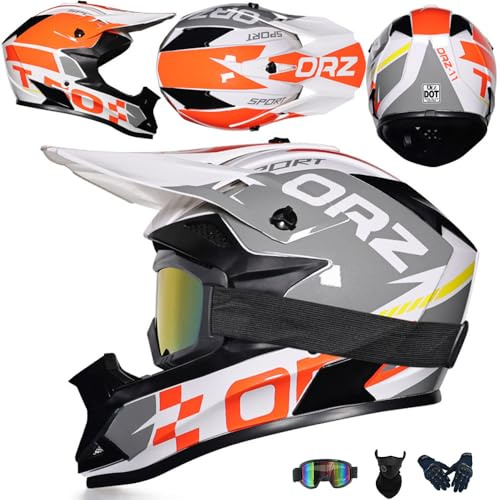 SMTSEC Motocross Helm Kinder Erwachsene Dirt Bike Offroad Cross Helms Herren ATV Motocross Helm Jugend Motorradhelm MX Enduro Full Face MTB Helm Mit Brille Maske Handschuhe Downhill Helm,White-XL