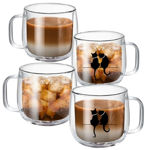 MESNEY Doppelwandige Kaffeegläser, Latte Macchiato Gläser 300ml, 4er Becherset, Isolierte Teetasse mit Katzenmotiv, Hitzebeständiges Borosilikatglas, Perfekt für Cappuccino, Kaffee, Tee