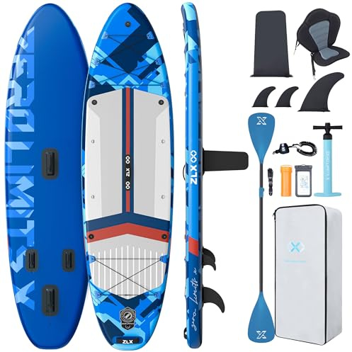 ZLX Paddle Gonflable 350 x 89 cm Extra Large Sup | Planche Stable Antidérapante, Aileron Amélioré, Accessoires Premium, Sac & Pompe Haute Pression, pour Adultes Tous Niveaux avec Siège Gonflable