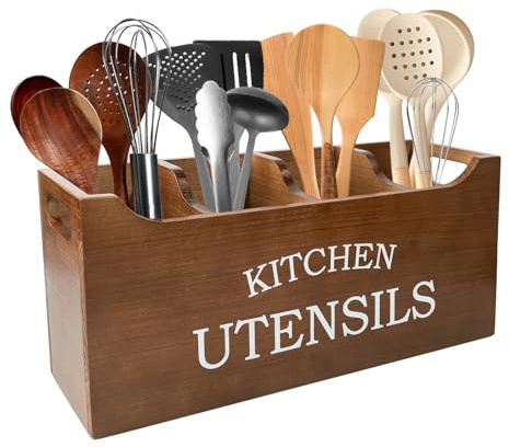 Karisky Utensil Holder for Kitchen Counter, Wood Extra Large 4 Compartments Kitchen Utensil Holder with Drainage Bottom for Countertop, Farmhouse Cooking Tools Organizer for Spatula, Brown