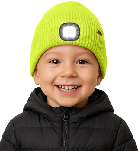 ATNKE LED-upplyst mössa för barn, fodrad med lätt, fleece, uppladdningsbar USB löparmössa, frihändig pannlampa, vinter, varm, stickad mössa, present för pojkar och flickor, Fluorescerande gul, one