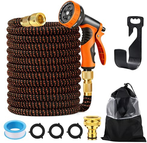 Flexibler Gartenschlauch, Erweiterbarer Gartenschlauch mit 10-Funktions-Düse, Strapazierfähiger 3 Lagiger Latex Wasserschlauch 3/4 Zoll und 1/2 Zoll Metallanschlüsse, Für Garten, Terrasse, Auto