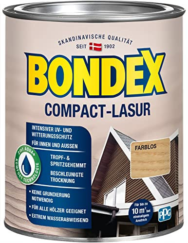 Bondex Compact Lasur FARBLOS 0,75 L für 9,75 m² | Wasserbasierte Holzlasur | Intensiver Wetter- und UV-Schutz | 2 in1 Aqua + Komfort Technologie | Streichen ohne Grundierung | Seidenmatt | Geruchsarm