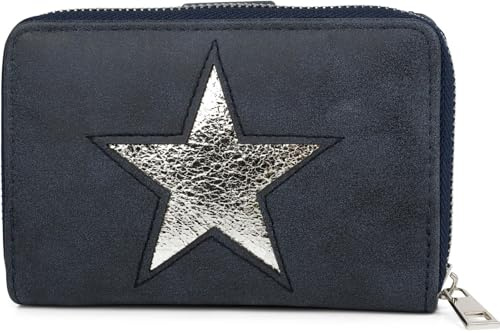 styleBREAKER Geldbörse mit Stern Cutout in Metallic oder Pailletten Optik, Reißverschluss, Portemonnaie, Damen 02040076, Farbe:Dunkelblau/Silber metallic