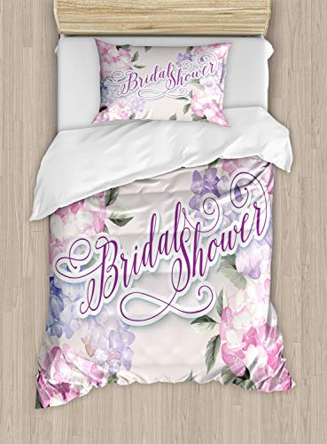 ABAKUHAUS Douche Nuptiale Ensemble de Housse de Couette, Bride Hortensias, Décoratif 2 Pièces avec 1 Taie d'oreiller, 130 x 200 cm - 70 x 50 cm, Pourpre et Rose pâle