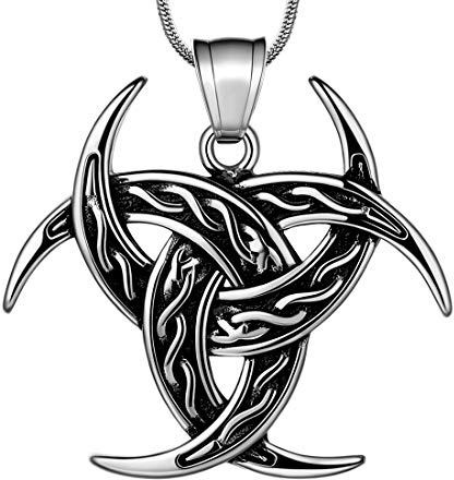 Celtic Knot Necklace Viking Pendant - Celtic Norse Triple Odin Horn Crescent Moon of Oden Necklace Mens 316L Stainless Steel Triskelion Amulet Pendant Pewter Tribal Protection Triskele Jewelry SP0053G