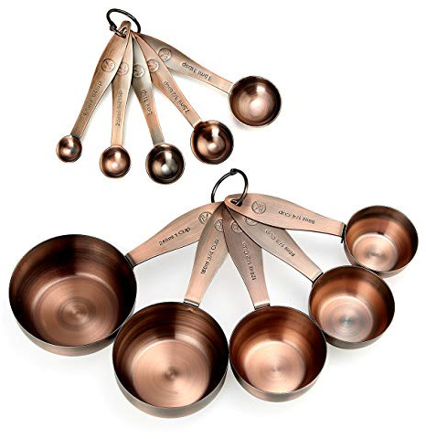 Copper Measuring Cups and Spoons Set, Stainless Steel 10 Piece Set, Stackable 5 Measuring Cups and 5 Measuring Spoons with 2 Rings, Antique Copper Plated