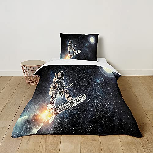 Morbuy Kinderbettwäsche Set mit Universum Muster - Kinderbettwäsche-Set Babybettwäsche für Mädchen Junge - Mikrofaser Bettbezüge Kissenbezug 2 teilig (100x135cm+40x60cm,Kosmische Rakete)