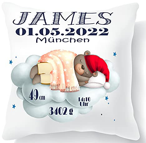 Personalisiertes Kissen zur Geburt Junge – Babygeschenk mit Namen & Geburtsdaten – Kuscheliges Namenskissen als Erinnerung – Personalisierte Geschenke zur Geburt für Jungen (Bär)