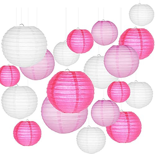 21 PCS Lanterne di carta rotonde con nervature a filo, paralumi di diverse dimensioni per matrimoni, compleanni, sale ed eventi, Decorazione per Festa- Dimensioni assortite di 15/20/25/30 CM - rosa