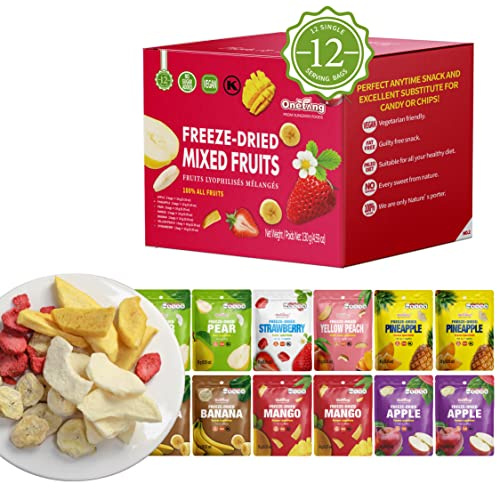 ONETANG Frutta mista liofilizzata, confezione da 12 pezzi, non OGM, Kosher, senza zuccheri aggiunti, senza glutine, vegano, regali per le vacanze, snack salutare 9,9 g