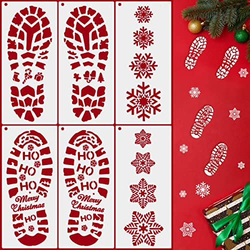 Weihnachtsmann-Fußabdrücke Schablone, Hillylolly Weihnachten Schablonen Set, Weihnachten Thema Kunststoff Schablonen, Plastik, 30.5x14 CM, Geeignet für Fensterglas oder Zementboden (6 Stück)