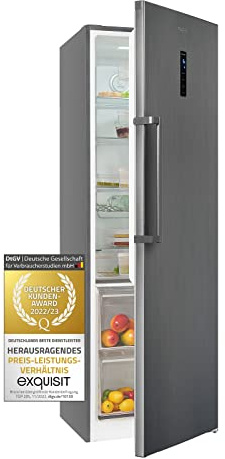 Exquisit® Frigorífico Vertical, 359L, Clase E, Material Acero Inox Antracita, 1 Puerta, Tecnologia No-Frost, 2 Cajones Verduleros, Estantes de Cristal, Consumo 118 kWh/año, Medidas 185,5x60x66 Cm.