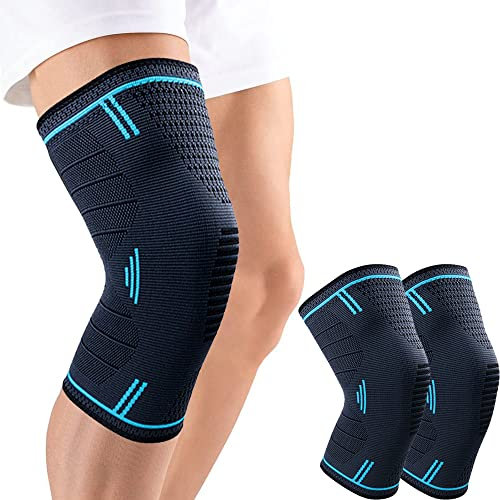 MILAIUN Kniebandage 2er Set, Kniestütze Männer und Damen, Knieschiene Stabilisierung mit Anti Rutsch Silikonstreifen für Arthritis, Meniskusriss, Knieschmerzen, Volleyball, ACL (M, Blau)