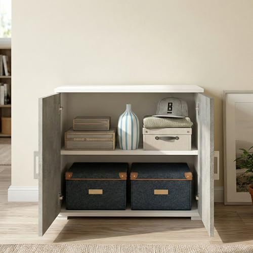 Dmora - Mehrzweckschrank mit 2 Türen Bucaneve, linearer Schrank mit 2 Flügeltüren mit Regal, Eingangsschrank, modernes Schuhregal, 100 % Made in Italy, 90 x 45 x 66 cm, Zement und Weiß
