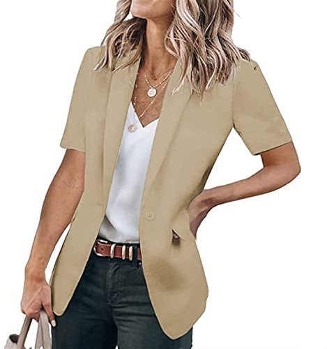 Sawmew Korta Kavajjackor för Kvinnor Casual Enfärgad Kortärmad Öppen Front Office-kavaj Med Fickor (Color : Khaki, Size : M)