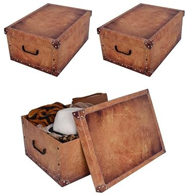 Kreher 3 Stück XL 45 Liter Deko-Kartons, Ordnungsboxen, Stapelboxen mit Deckel und Griffe, 51 x 37 x 24 cm (Leder Camel)
