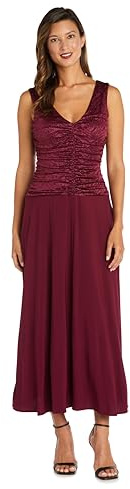 R&M Richards Women's Long Glitter Jacquard Cowl Neck Gown W/Ruched Bodice, V-Back & Flowing Pleated Skirt