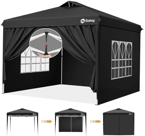 Sekey Tonnelle Pop-up 3 x 3 m, étanche, Stable, résistante à l'hiver, Pliable, 3 x 3 m, avec parois latérales, Hauteur réglable en 3 Niveaux (Noir)