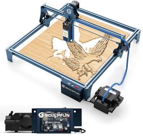 SCULPFUN S9 Laser Graviermaschine mit Automatic Air Assist, 5.5 Laserkopf Output Lasergravierer Laser Cutter Holz, 90W Effekt Gravieren Schneiden, Präziser Fokus, Ganzmetall