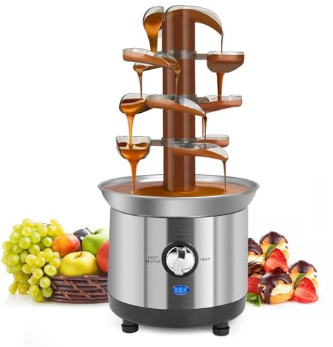 BLuvLY Fondue De Chocolate De 4 Niveles, Máquina Fuente De Acero Inoxidable De 1250 G para Fiestas - Derrite Queso, Queso, Dulces Y Licor - Sumerge Fresas, Gajos De Manzana, Verduras