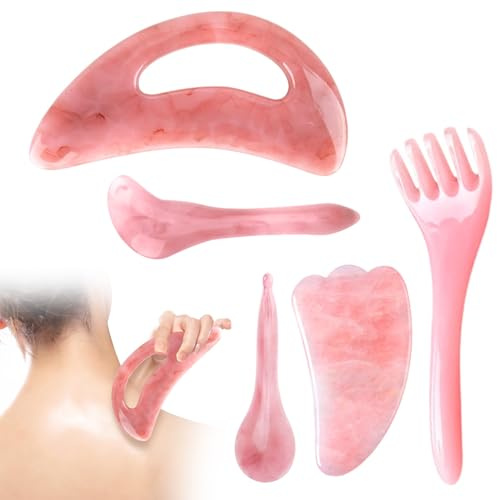 YanBous Gua Sha Set, 5PCS Gua Sha Gesichtsbehandlung mit Jade Stein,Face Yoga Massage Gua Sha Facial Tools Stein Massagewerkzeug set für SPA HautpflegeKörpermuskulatur Entspannend Entlastend(Rosa)