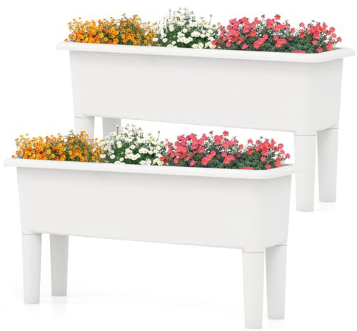 GOPLUS - Lote de 2 macetas de jardín (PP, con sistema de auto-riego, agujero de drenaje, maceta sobre patas para flores, verduras, hierbas aromáticas, 80 x 30 x 40 cm (gris)