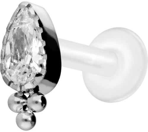 PIERCINGLINE PTFE Labret mit Innengewinde + Titan-Aufsatz KRISTALLTROPFEN + KUGELN Piercing Nase Ohr Farb & Größenauswahl