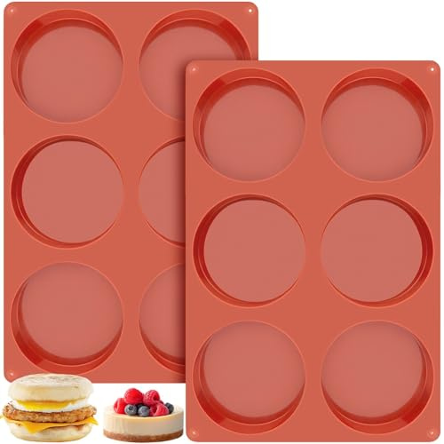 Ocmoiy Moldes de silicona para huevos de 4 pulgadas para hornear/moldes para magdalenas jumbo, paquete de 2 moldes redondos antiadherentes en forma de disco grande para hamburguesa, magdalenas