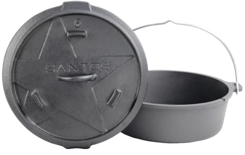 SANTOS Dutch Oven mit Deckel - Schmortopf für Außenküche - 5,7 L/6 Qt Feuertopf - Gusseisen - ideal für Lagerfeuer, Feuerstelle, Kohle- oder Gas-Grill