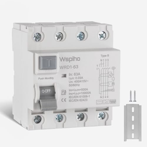 WSPIHO Disjoncteur différentiel FI type B 63 A 30 mA 4 pôles, disjoncteur différentiel RCCB pour EV, type B, courant alternatif pour chargeur de voiture électrique, boîtes murales, stations de charge