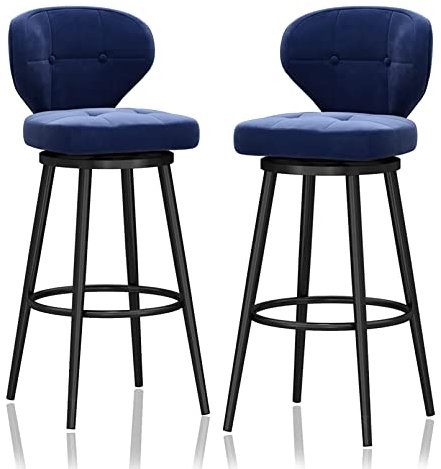 Barhocker aus Samt, drehbar, Thekenhöhe, mit Rückenlehne, schwarze Metallbeine, Kücheninsel, Barstühle, 65 cm Sitzhöhe, Blau, 2 Stück