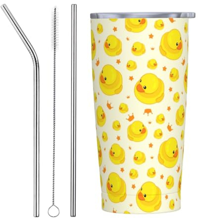 VOSERY Botella de agua de 20 onzas con tapa y popote, vaso aislado clásico de pato de acero inoxidable, taza de café de viaje, vaso personalizado